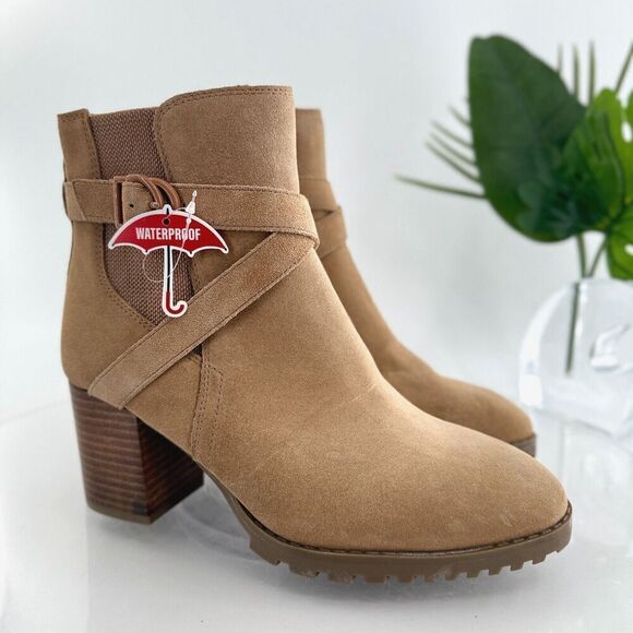 Blondo Women Tamzin Boot Size 9 Waterproof Taupe Tan Leather Block Heel Side Zip - Picture 1 of 16